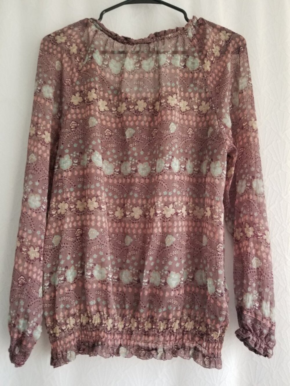 Decree Plum Floral Sheer Long Sleeve Peasant Blouse Large - Picture 3 of 9